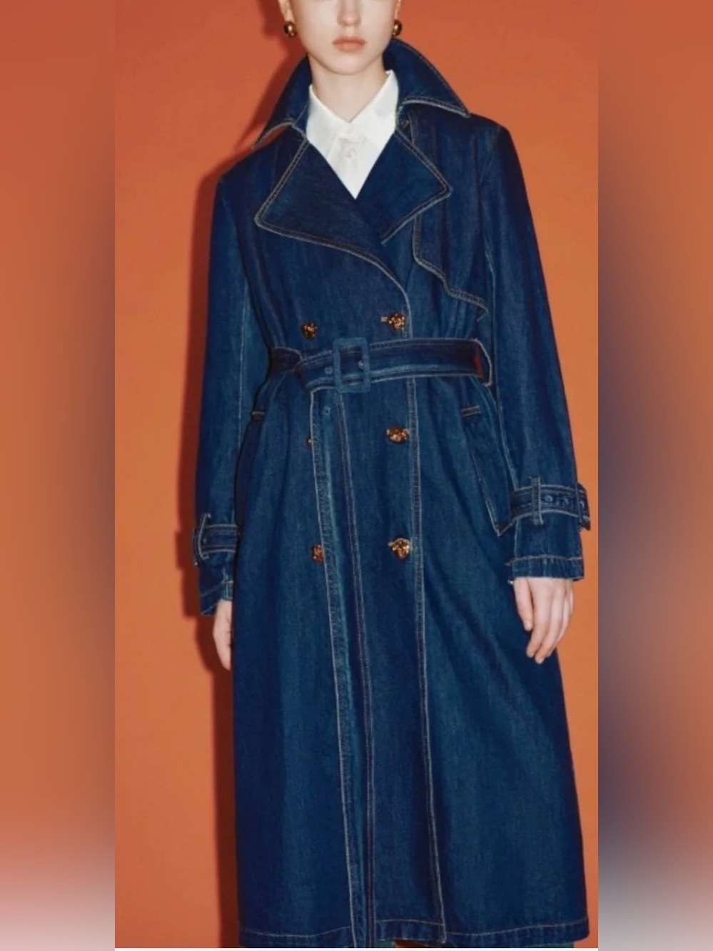 Trench Coat - Long Double-Breasted Blue Jean Jacket Size 6